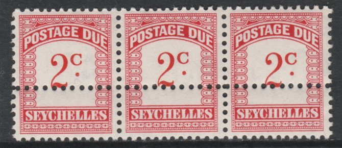 Seychelles 1964-65 Postage Due 2c red & carmine wmk Block CA strip of 3 with additional row of horizontal perfs, unmounted mint, SG D9. Note: the stamps are genuine but t..., stamps on postage due, stamps on 