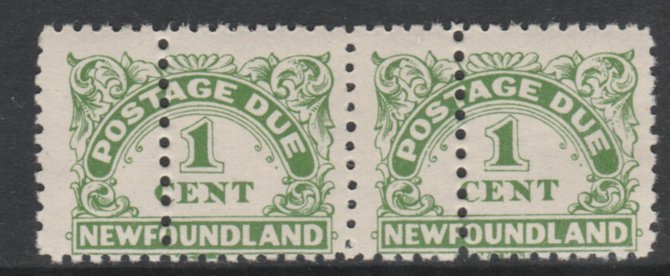 Newfoundland 1939 Postage Due 1c green horiz pair with additional row of vertical perfs unmounted mint as SG D1a. Note: the stamps are genuine but the additional perfs are a slightly different gauge identifying it to be a forgery., stamps on , stamps on  stamps on , stamps on  stamps on  kg6 , stamps on  stamps on 