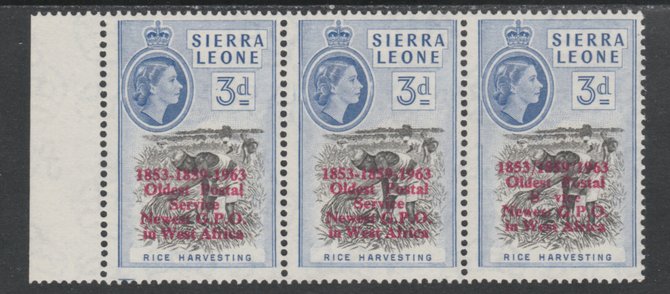 Sierra Leone 1963 Postal Commemoration 3d (Rice Harvesting) marginal strip of 3, one stamp with  'obliques' between dates and 'S  vice' error, unmounted mint SG 273ba, stamps on , stamps on  stamps on agriculture    food    postal    farming