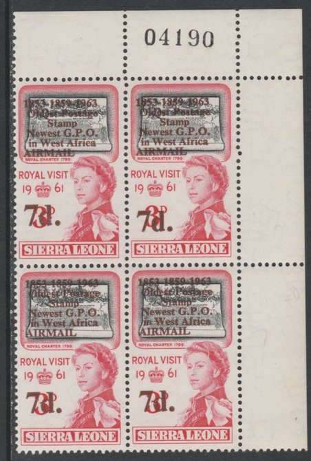 Sierra Leone 1963 Postal Commemoration 7d on 3d corner block of 4, one stamp with dropped value (11 mm between text and value, normal = 9.5mm) unmounted mint, SG 279var, stamps on postal  varieties