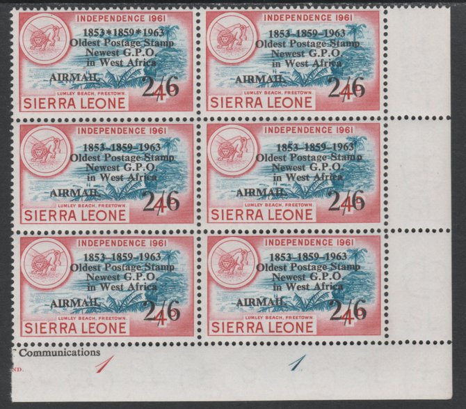 Sierra Leone 1963 Postal Commemoration 2s6s on 4d (Lumley Beach) plate block of 6, one stamp with asterisks variety, unmounted mint, SG 281b, stamps on postal  tourism  varieties    cats     lion