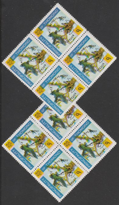 Thomond 1968 Martin 9d (Diamond-shaped) opt'd 'Rockets towards Peace Achievement' two blocks of 4 showing yellow misplaced by a) 1mm to upper left and b) 1mm to lower left, interesting shifts giving different double impressions, unmounted mint, stamps on birds       space    peace