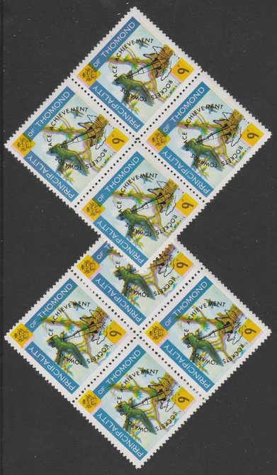 Thomond 1968 Martin 9d (Diamond-shaped) optd Rockets towards Peace Achievement two blocks of 4 showing yellow misplaced by a) 1mm to upper left and b) 1mm to lower left, ..., stamps on birds       space    peace