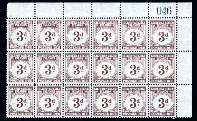 Gilbert & Ellice Islands 1940 Postage Due 3d brown in an impressive  upper right corner block of 18 (6x3) showing sheet number 046 unmounted mint with clean white gum. SG..., stamps on 