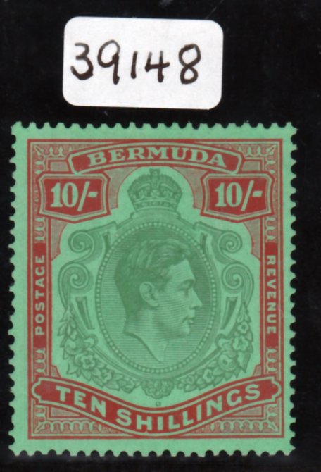 Bermuda 1938-53 KG6 10s from the November 1944 printing showing the newly discovered  variety 'Large flaw by Crown'. A good variety visible with the naked eye and possibly from position R5/8. A superb example well centred and good perfs with a very slight trace of a hinge and comes  complete with a clean 2008 Brandon certificate. With less than 5 examples recorded in its 70 year history, this flaw is destined to become the scarcest of all the Key Plate flaws some of which are catalogued several thousand pounds., stamps on , stamps on  stamps on bermuda 1938-53 kg6 10s from the november 1944 printing showing the newly discovered  variety 'large flaw by crown'. a good variety visible with the naked eye and possibly from position r5/8. a superb example well centred and good perfs with a very slight trace of a hinge and comes  complete with a clean 2008 brandon certificate. with less than 5 examples recorded in its 70 year history, stamps on  stamps on  this flaw is destined to become the scarcest of all the key plate flaws some of which are catalogued several thousand pounds.