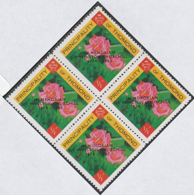 Thomond 1965 Roses 1/2p (Diamond shaped) with 'Sir Winston Churchill - In Memorium' overprint in black unmounted mint block of 4, slight off-set from overprint on gummed side, stamps on , stamps on  stamps on flowers, stamps on roses, stamps on churchill