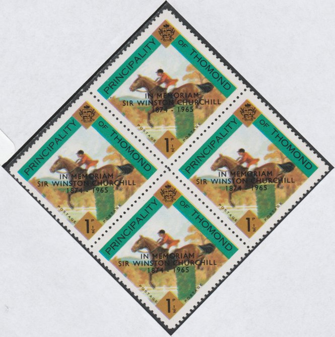 Thomond 1965 Show jumping 1.5d (Diamond-shaped) with 'Sir Winston Churchill - In Memorium' overprint in black unmounted mint block of 4, slight off-set from overprint on gummed side, stamps on , stamps on  stamps on horses, stamps on churchill