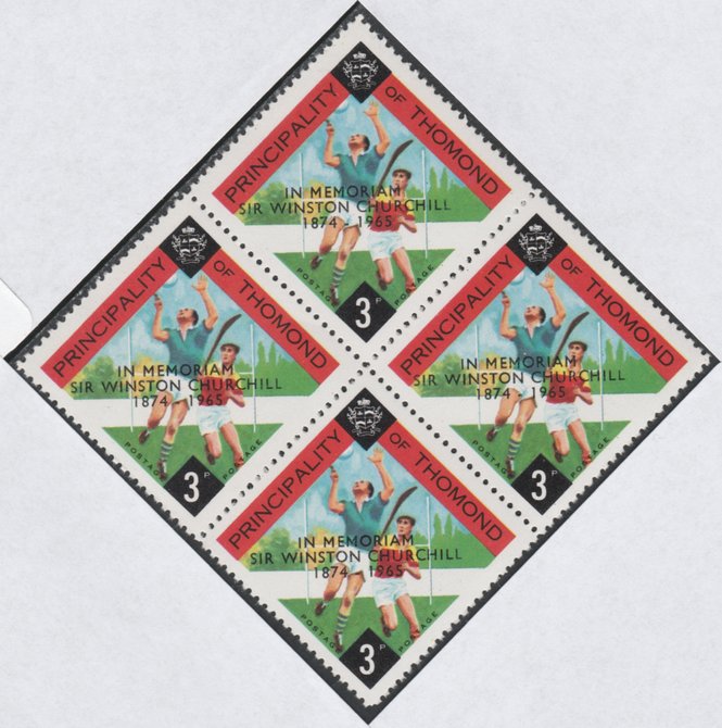Thomond 1965 Hurling 3d (Diamond-shaped) with Sir Winston Churchill - In Memorium overprint in black unmounted mint block of 4, slight off-set from overprint on gummed si..., stamps on hurling, stamps on sport, stamps on churchill, stamps on 