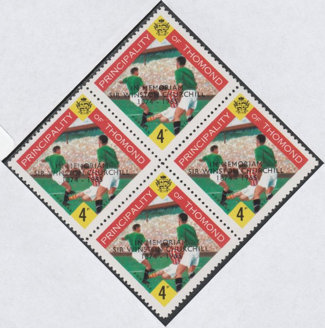 Thomond 1965 Football 4d (Diamond shaped) with 'Sir Winston Churchill - In Memorium' overprint in black unmounted mint block of 4, slight off-set from overprint on gummed side, stamps on , stamps on  stamps on football, stamps on sport, stamps on churchill, stamps on 