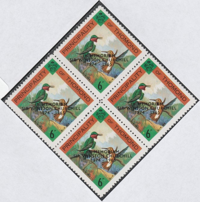 Thomond 1965 Hummingbirds 6d (Diamond-shaped) with 'Sir Winston Churchill - In Memorium' overprint in black unmounted mint block of 4, slight off-set from overprint on gummed side, stamps on , stamps on  stamps on birds, stamps on humming-birds, stamps on  stamps on hummingbirds, stamps on churchill, stamps on 