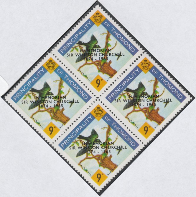 Thomond 1965 Martin 9d (Diamond-shaped) with 'Sir Winston Churchill - In Memorium' overprint in black unmounted mint block of 4, slight off-set from overprint on gummed side, stamps on , stamps on  stamps on birds, stamps on churchill, stamps on 
