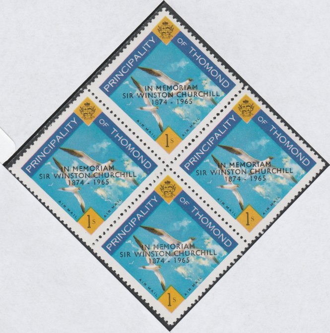 Thomond 1965 Sea Gulls 1s (Diamond shaped) with 'Sir Winston Churchill - In Memorium' overprint in black unmounted mint block of 4, slight off-set from overprint on gummed side, stamps on birds, stamps on churchill, stamps on 