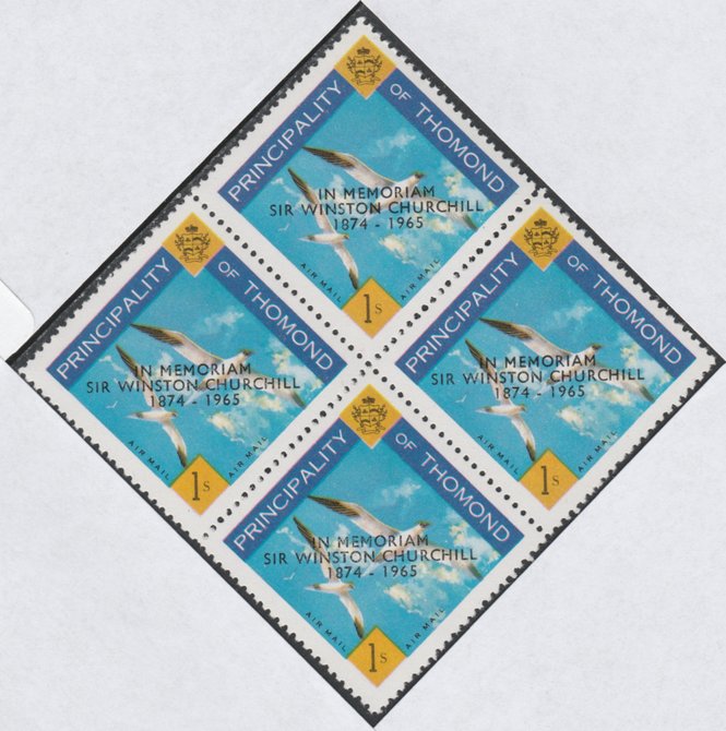 Thomond 1965 Sea Gulls 1s (Diamond shaped) with Sir Winston Churchill - In Memorium overprint in black unmounted mint block of 4, slight off-set from overprint on gummed ..., stamps on birds, stamps on churchill, stamps on 