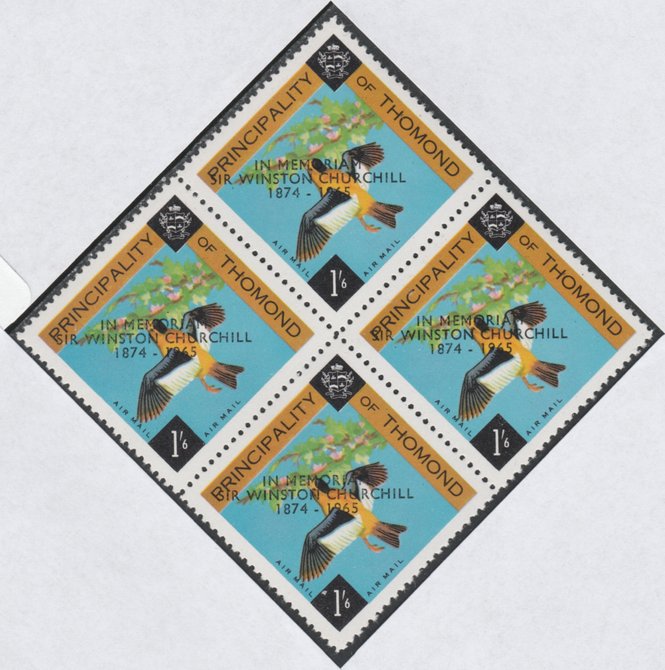 Thomond 1965 Bird 1s6d (Diamond shaped) with Sir Winston Churchill - In Memorium overprint in black unmounted mint block of 4, slight off-set from overprint on gummed sid..., stamps on birds, stamps on churchill, stamps on 