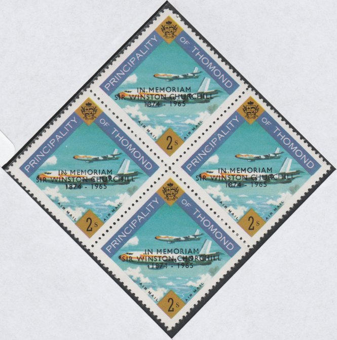 Thomond 1965 Jet Liner 2s (Diamond shaped) with Sir Winston Churchill - In Memorium overprint in black unmounted mint block of 4, slight off-set from overprint on gummed ..., stamps on aviation, stamps on churchill, stamps on 