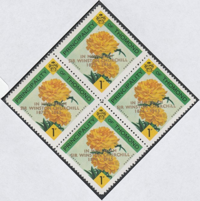 Thomond 1965 Carnation 1d (Diamond-shaped) with Sir Winston Churchill - In Memorium overprint in gold unmounted mint block of 4, slight off-set from overprint on gummed s..., stamps on flowers, stamps on churchill