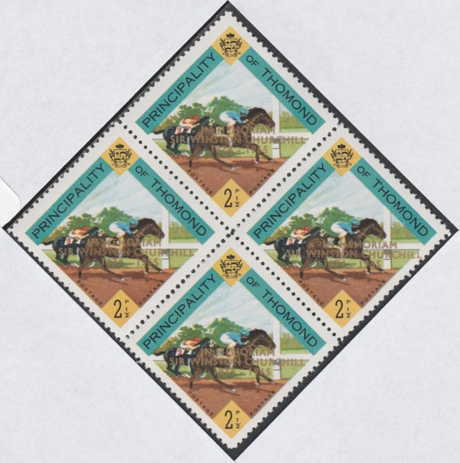 Thomond 1965 Horse Racing 2.5d (Diamond-shaped) with Sir Winston Churchill - In Memorium overprint in gold unmounted mint block of 4, slight off-set from overprint on gum..., stamps on horses, stamps on churchill, stamps on horse racing