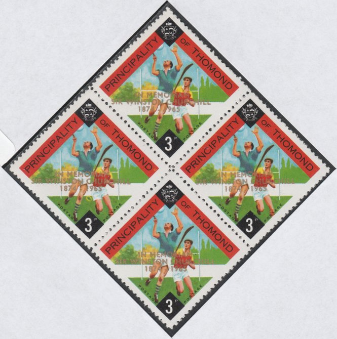 Thomond 1965 Hurling 3d (Diamond-shaped) with Sir Winston Churchill - In Memorium overprint in gold unmounted mint block of 4, slight off-set from overprint on gummed sid..., stamps on hurling, stamps on sport, stamps on churchill, stamps on 