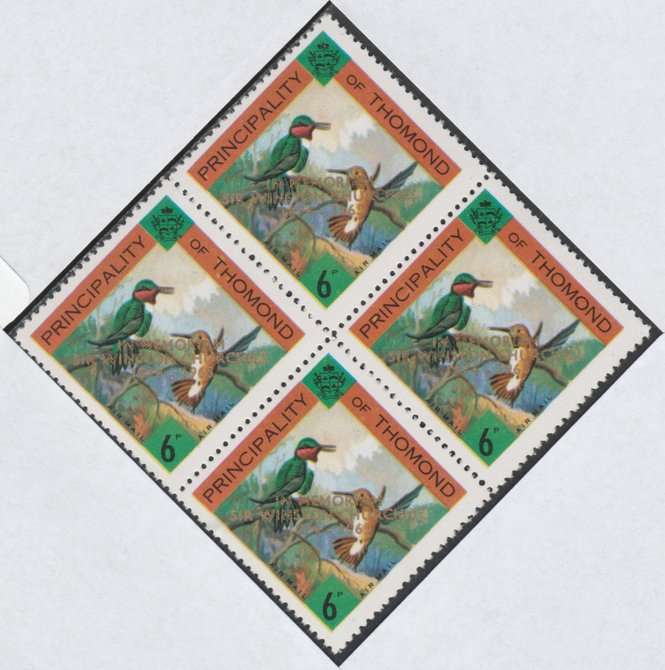 Thomond 1965 Hummingbirds 6d (Diamond-shaped) with Sir Winston Churchill - In Memorium overprint in gold unmounted mint block of 4, slight off-set from overprint on gumme..., stamps on birds, stamps on humming-birds, stamps on hummingbirds, stamps on churchill, stamps on 