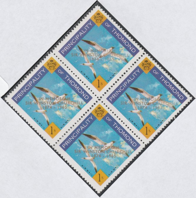 Thomond 1965 Sea Gulls 1s (Diamond shaped) with Sir Winston Churchill - In Memorium overprint in gold unmounted mint block of 4, slight off-set from overprint on gummed s..., stamps on birds, stamps on churchill, stamps on 