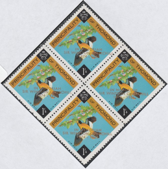 Thomond 1965 Bird 1s6d (Diamond shaped) with 'Sir Winston Churchill - In Memorial' overprinted in gold unmounted mint block of 4, slight off-set from overprint on gummed side, stamps on birds, stamps on churchill