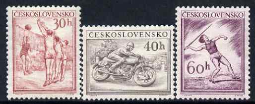 Czechoslovakia 1953 Sports set of 3 mounted mint (some gum disturbances), SG 787-89, stamps on sport, stamps on motorbikes, stamps on javelin, stamps on volley ball