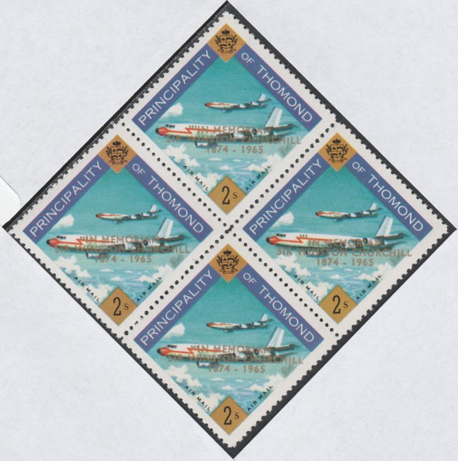 Thomond 1965 Jet Liner 2s (Diamond shaped) with 'Sir Winston Churchill - In Memorium' overprint in gold unmounted mint block of 4, slight off-set from overprint on gummed side, stamps on aviation, stamps on churchill, stamps on 