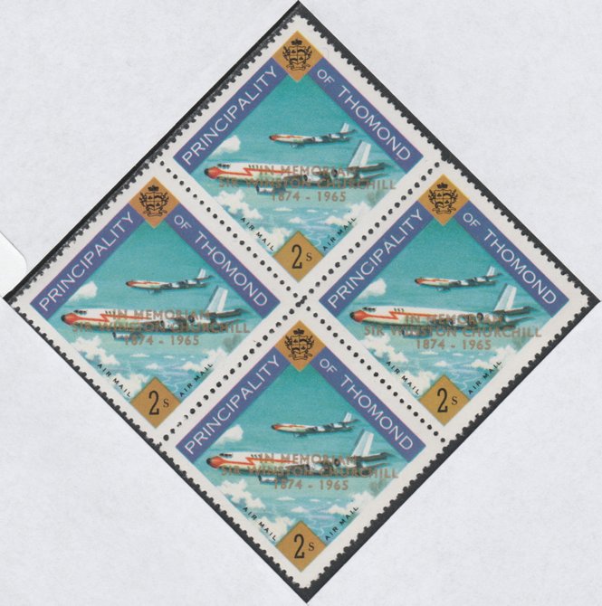 Thomond 1965 Jet Liner 2s (Diamond shaped) with Sir Winston Churchill - In Memorium overprint in gold unmounted mint block of 4, slight off-set from overprint on gummed s..., stamps on aviation, stamps on churchill, stamps on 