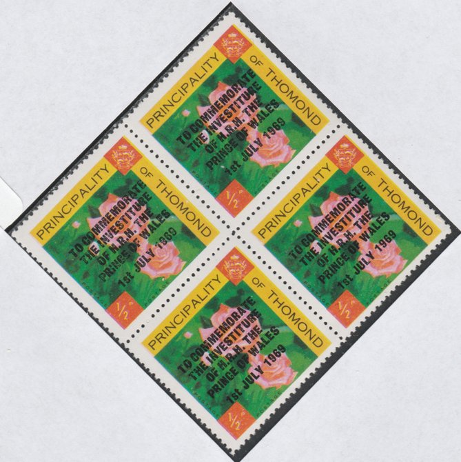 Thomond 1969 Roses 1/2d (Diamond shaped) opt'd 'Investiture of Prince of Wales', unmounted mint block of 4, slight off-set from overprint on gummed side, stamps on , stamps on  stamps on flowers, stamps on roses, stamps on royalty, stamps on charles