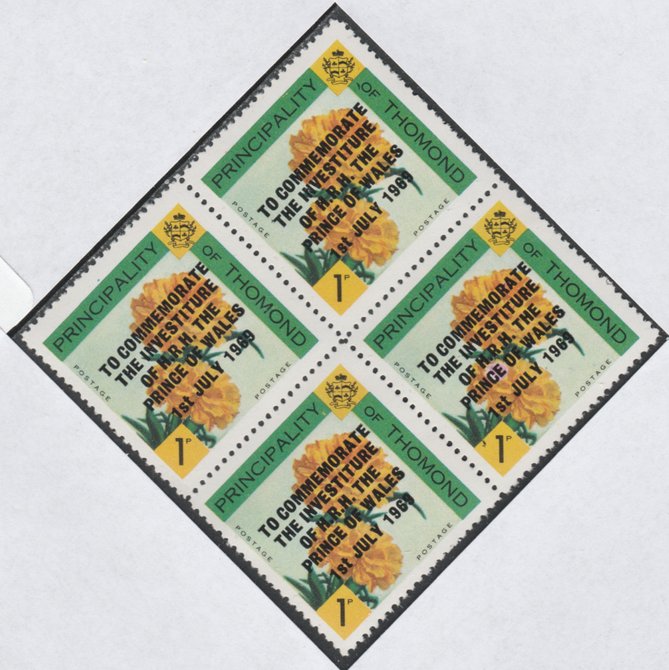 Thomond 1969 Carnation 1d (Diamond shaped) opt'd 'Investiture of Prince of Wales', unmounted mint block of 4, slight off-set from overprint on gummed side, stamps on flowers, stamps on carnation, stamps on royalty, stamps on charles