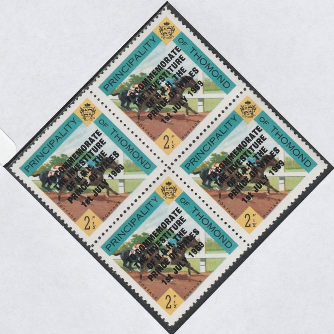 Thomond 1969 Horse Racing 2.5d (Diamond shaped) opt'd 'Investiture of Prince of Wales', unmounted mint block of 4, slight off-set from overprint on gummed side, stamps on sport, stamps on horses, stamps on royalty, stamps on charles, stamps on horse racing