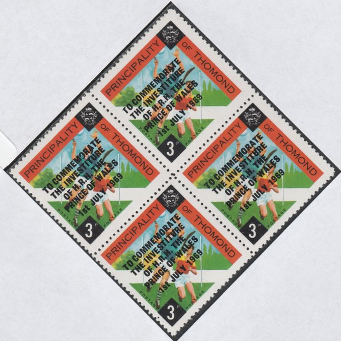 Thomond 1969 Hurling 3d (Diamond shaped) opt'd 'Investiture of Prince of Wales', unmounted mint block of 4, slight off-set from overprint on gummed side, stamps on , stamps on  stamps on sport, stamps on hurling, stamps on royalty, stamps on charles