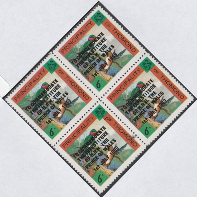 Thomond 1969 Hummingbirds 6d (Diamond shaped) opt'd 'Investiture of Prince of Wales', unmounted mint block of 4, slight off-set from overprint on gummed side, stamps on , stamps on  stamps on birds, stamps on humming-birds, stamps on  stamps on hummingbirds, stamps on royalty, stamps on charles