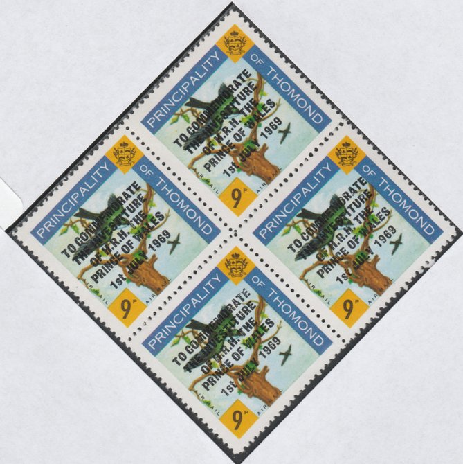 Thomond 1969 Martin 9d (Diamond shaped) opt'd 'Investiture of Prince of Wales', unmounted mint block of 4, slight off-set from overprint on gummed side, stamps on , stamps on  stamps on birds, stamps on royalty, stamps on charles, stamps on martin