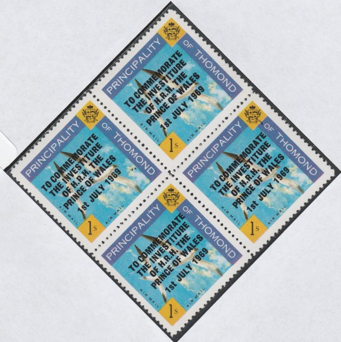 Thomond 1969 Sea Gulls 1s (Diamond shaped) optd Investiture of Prince of Wales, unmounted mint block of 4, slight off-set from overprint on gummed side, stamps on birds, stamps on royalty, stamps on charles, stamps on gulls