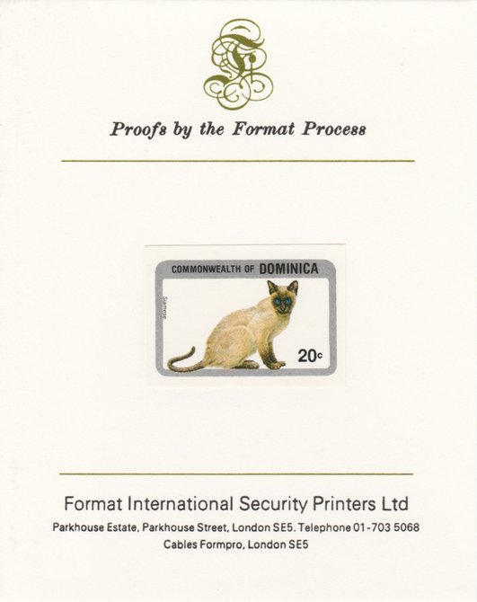 Dominica 1984 Cats 20c (Siamese) imperf proof mounted on Format International proof card as SG 914, stamps on animals, stamps on cats