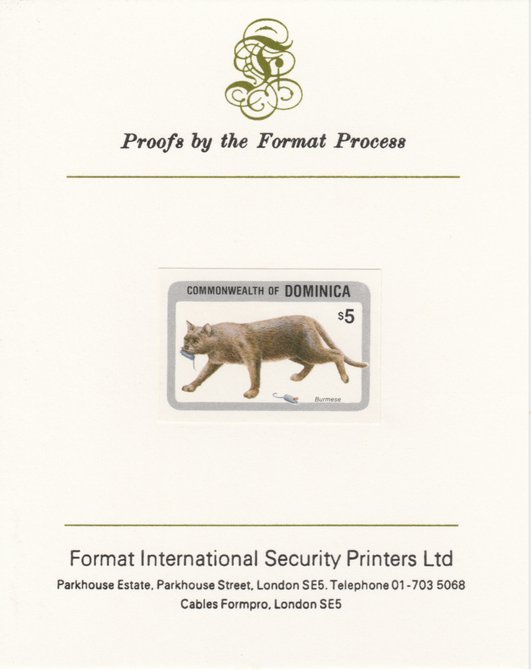 Dominica 1984 Cats $5 (Burmese) imperf proof mounted on Format International proof card as SG 921, stamps on animals, stamps on cats