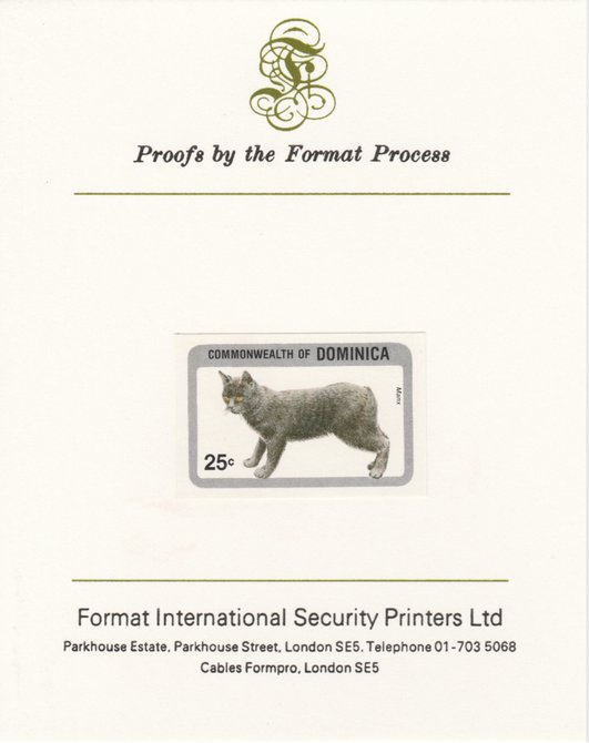 Dominica 1984 Cats 25c (Manx) imperf proof mounted on Format International proof card as SG 915, stamps on animals, stamps on cats