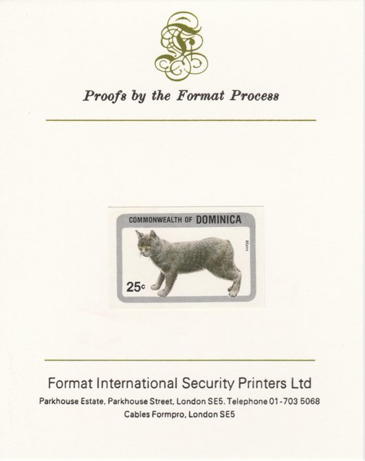 Dominica 1984 Cats 25c (Manx) imperf proof mounted on Format International proof card as SG 915, stamps on , stamps on  stamps on animals, stamps on  stamps on cats