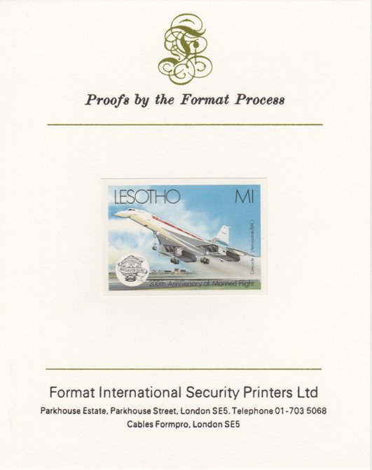 Lesotho 1983 Manned Flight 1m (Concorde) imperf proof mounted on Format International proof card as SG 548, stamps on , stamps on  stamps on aviation, stamps on  stamps on concorde