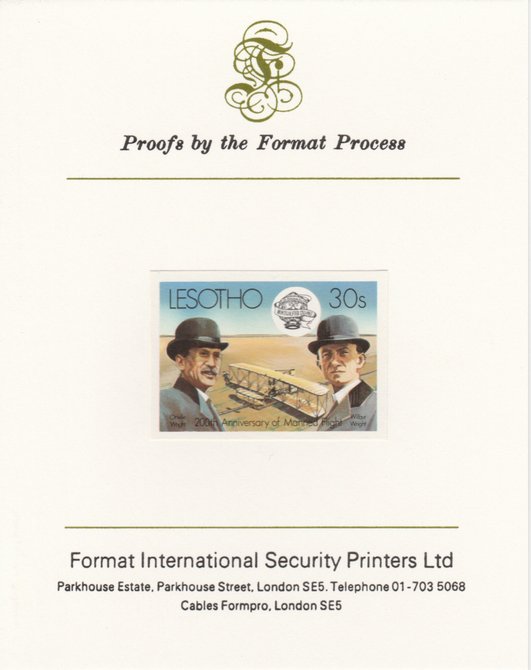 Lesotho 1983 Manned Flight 30s (Wright Brothers & Flyer) imperf proof mounted on Format International proof card as SG 546, stamps on , stamps on  stamps on aviation  personalities