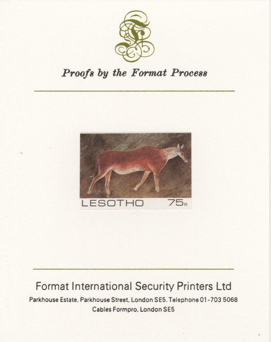 Lesotho 1983 Eland (Rock Paintings) 75s value imperf proof mounted on Format International proof card as SG 543, stamps on animals, stamps on arts, stamps on bovine
