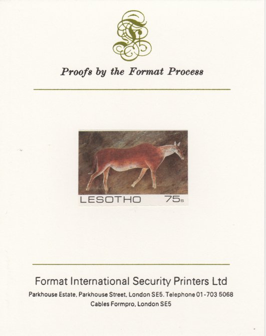 Lesotho 1983 Eland (Rock Paintings) 75s value imperf proof mounted on Format International proof card as SG 543, stamps on , stamps on  stamps on animals, stamps on  stamps on arts, stamps on  stamps on bovine