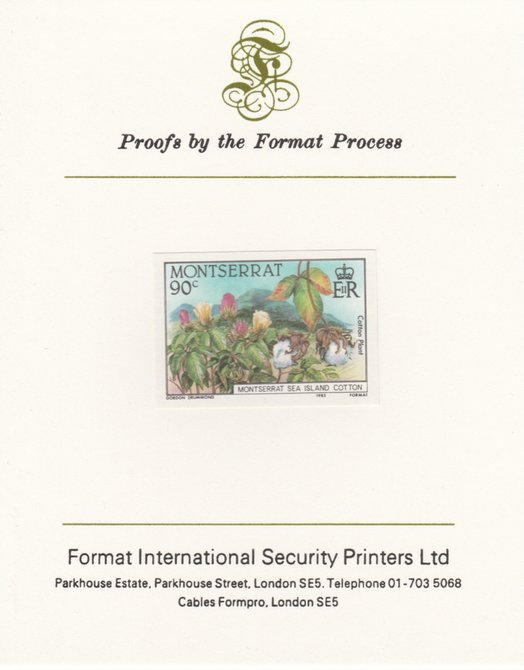 Montserrat 1985 Sea Island Cotton 90c (Cotton Plants) imperf proof mounted on Format International proof card as SG 645, stamps on , stamps on  stamps on industry, stamps on  stamps on textiles, stamps on  stamps on cotton