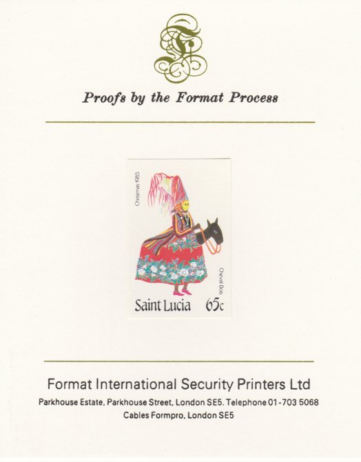 St Lucia 1985 Christmas Masqueraders 65c imperf proof mounted on Format International proof card as SG 856, stamps on , stamps on  stamps on christmas     donkeys