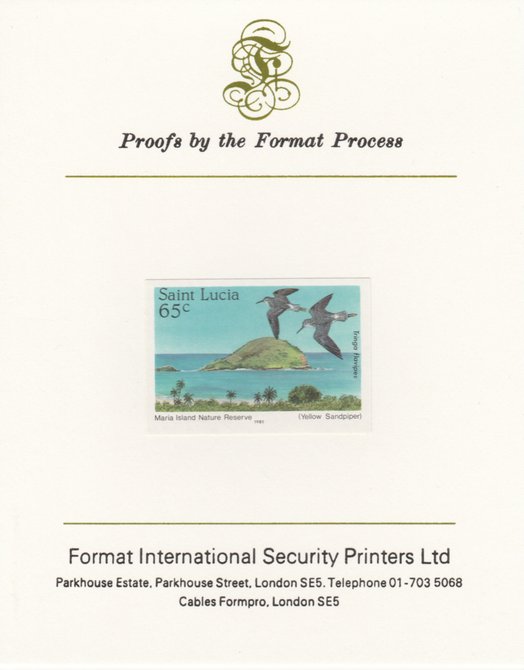 St Lucia 1985 Nature Reserves 65c Lesser Yellowlegs imperf proof mounted on Format International proof card as SG 822, stamps on , stamps on  stamps on birds     frigate    cuckoo    sandpiper      shearwater