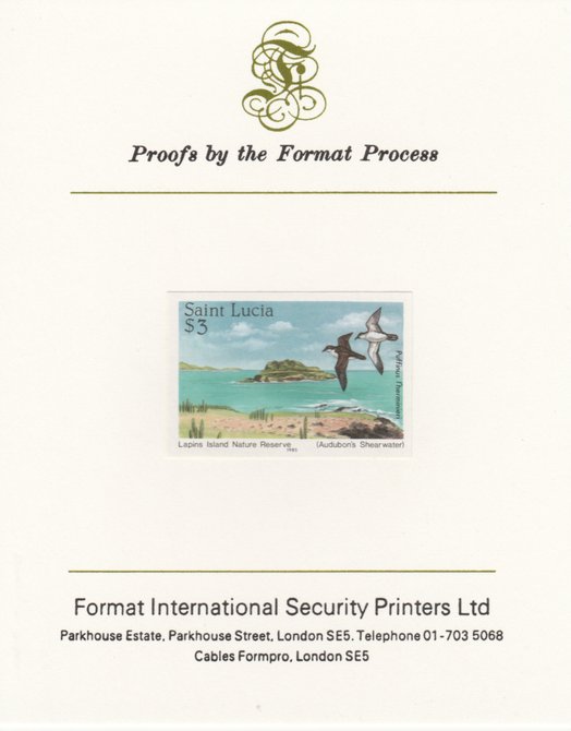 St Lucia 1985 Nature Reserves $3 Audubons Shearwater imperf proof mounted on Format International proof card as SG 823, stamps on birds, stamps on frigate, stamps on cuckoo, stamps on sandpiper, stamps on  shearwater