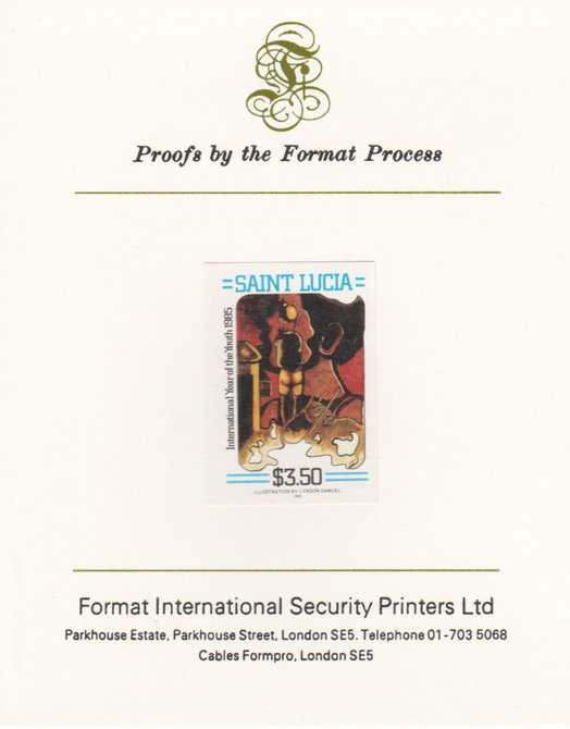 St Lucia 1985 Int Youth Year Paintings $3.50 imperf proof mounted on Format International proof card as SG 844, stamps on , stamps on  stamps on children  scouts