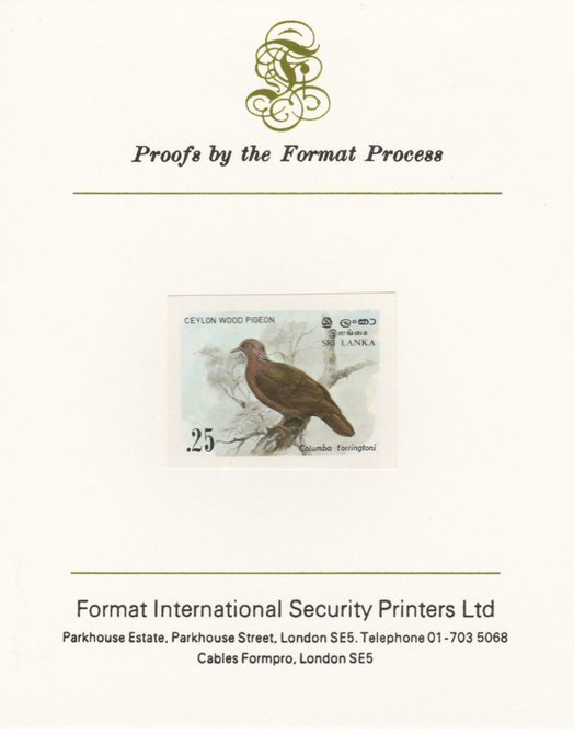 Sri Lanka 1983 Birds - 2nd series Wood Pigeon 25c imperf proof mounted on Format International proof card as SG 827, stamps on birds, stamps on pigeons