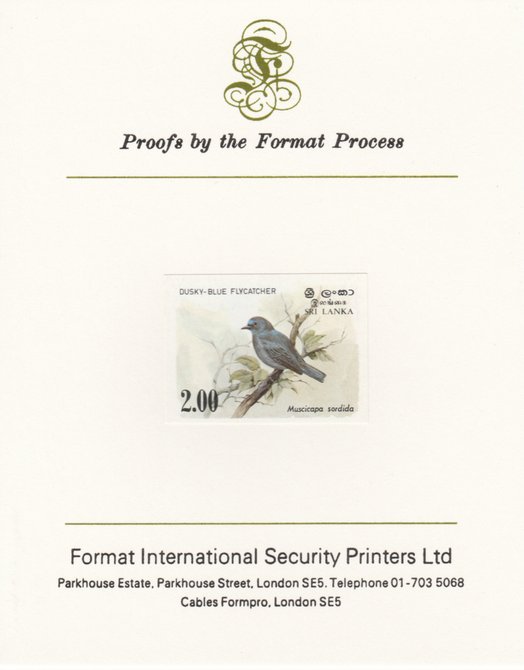 Sri Lanka 1983 Birds - 2nd series Flycatcher 2r iimperf proof mounted on Format International proof card as SG 829, stamps on , stamps on  stamps on birds  